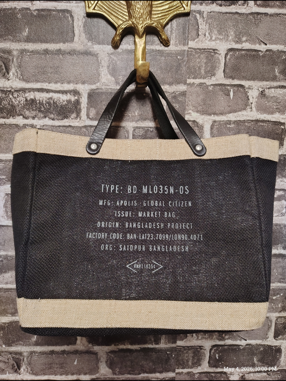 Black and Natural Canvas Market Tote Bag With Leather Straps